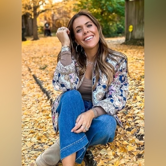 Cropped Puffer Quilted Jacket Vintage Floral Print Open Front Lightweight - Picture 5 of 9